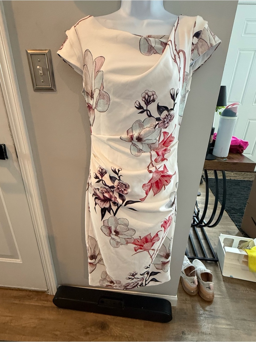 White House Black Market White Midi Dress with Pink and Mauve Floral Print